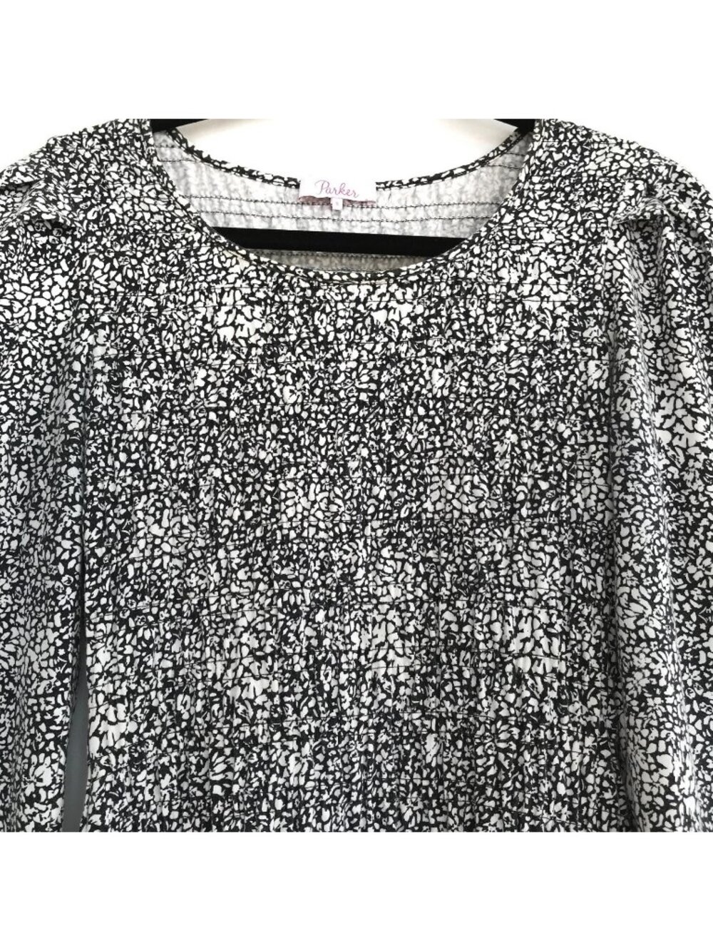 Parker Brooklyn Small Black White Cotton Puff Long Sleeve Smocked Mini Dress - Picture 4 of 12